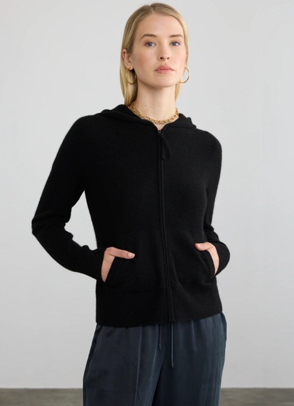Vince 100% Cashmere Black Full Zip Hoodie Sweater XS Drawstring Pockets